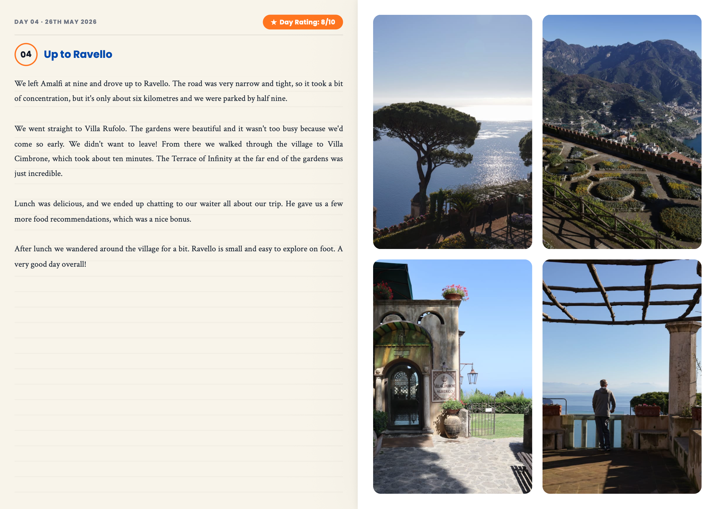 TripJuggler travel diary showing photos and reflections from a day in Ravello on an Amalfi Coast road trip