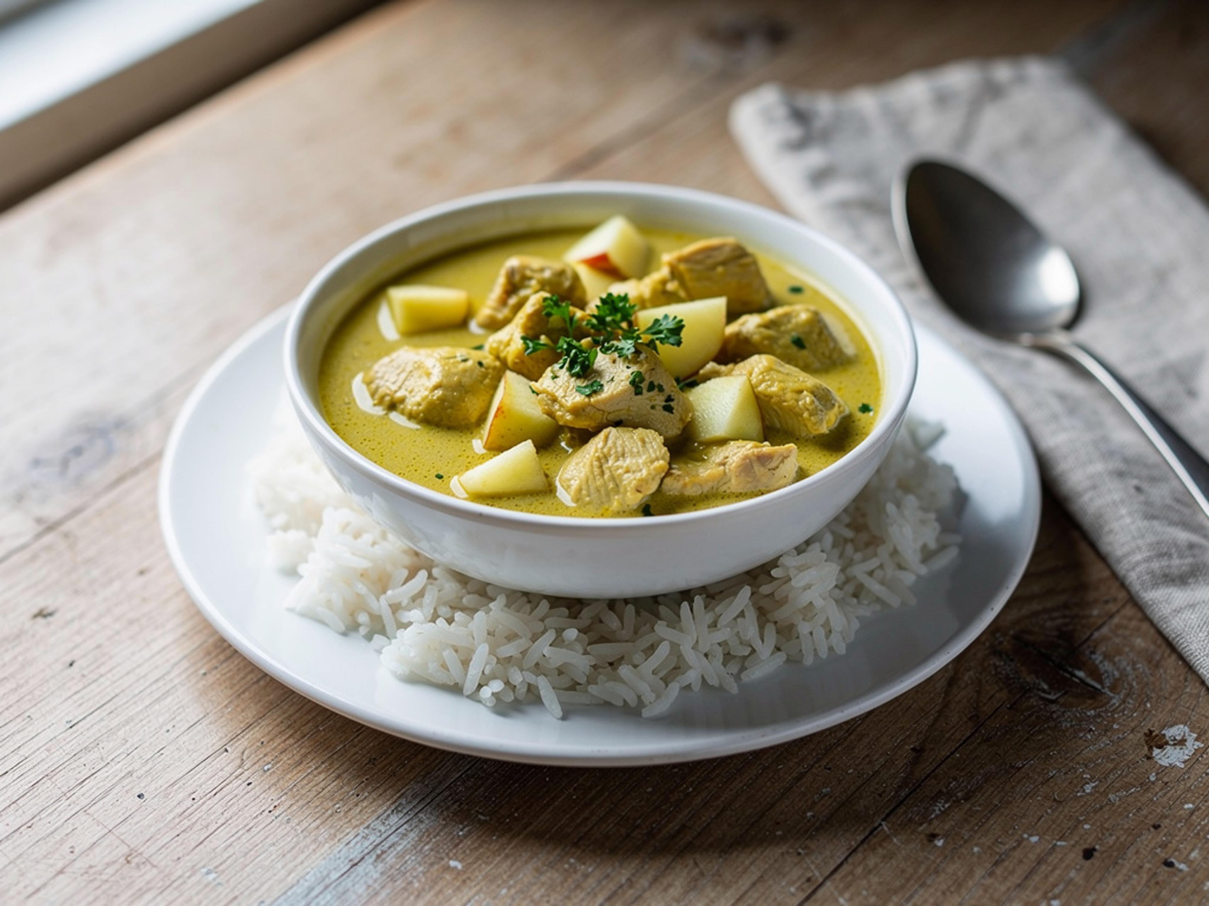 Kyckling i curry med ris i en vit skål, garnerad med hackad persilja.