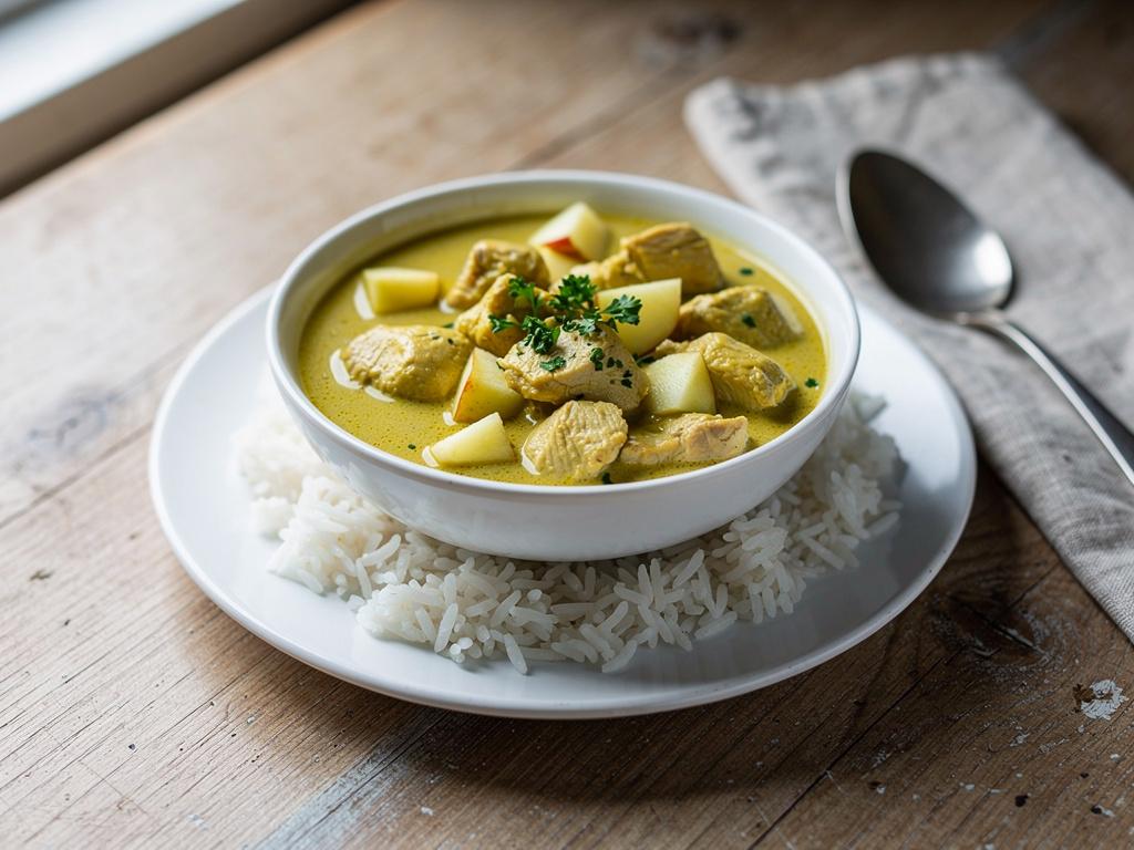Kyckling i curry med ris i en vit skål, garnerad med hackad persilja.