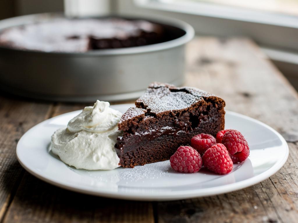 En bit kladdkaka med kladdig mitt, toppad med florsocker och serverad med vispgrädde.