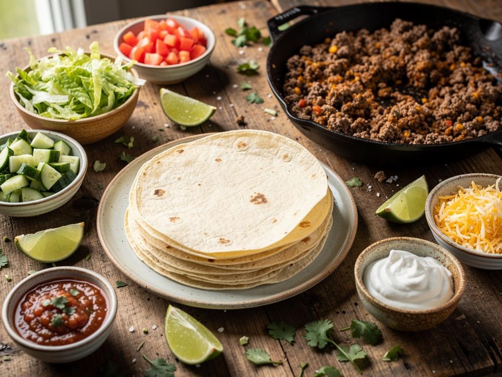 Tacos med nötfärs och tillbehör dukade på ett bord för att blanda själv.
