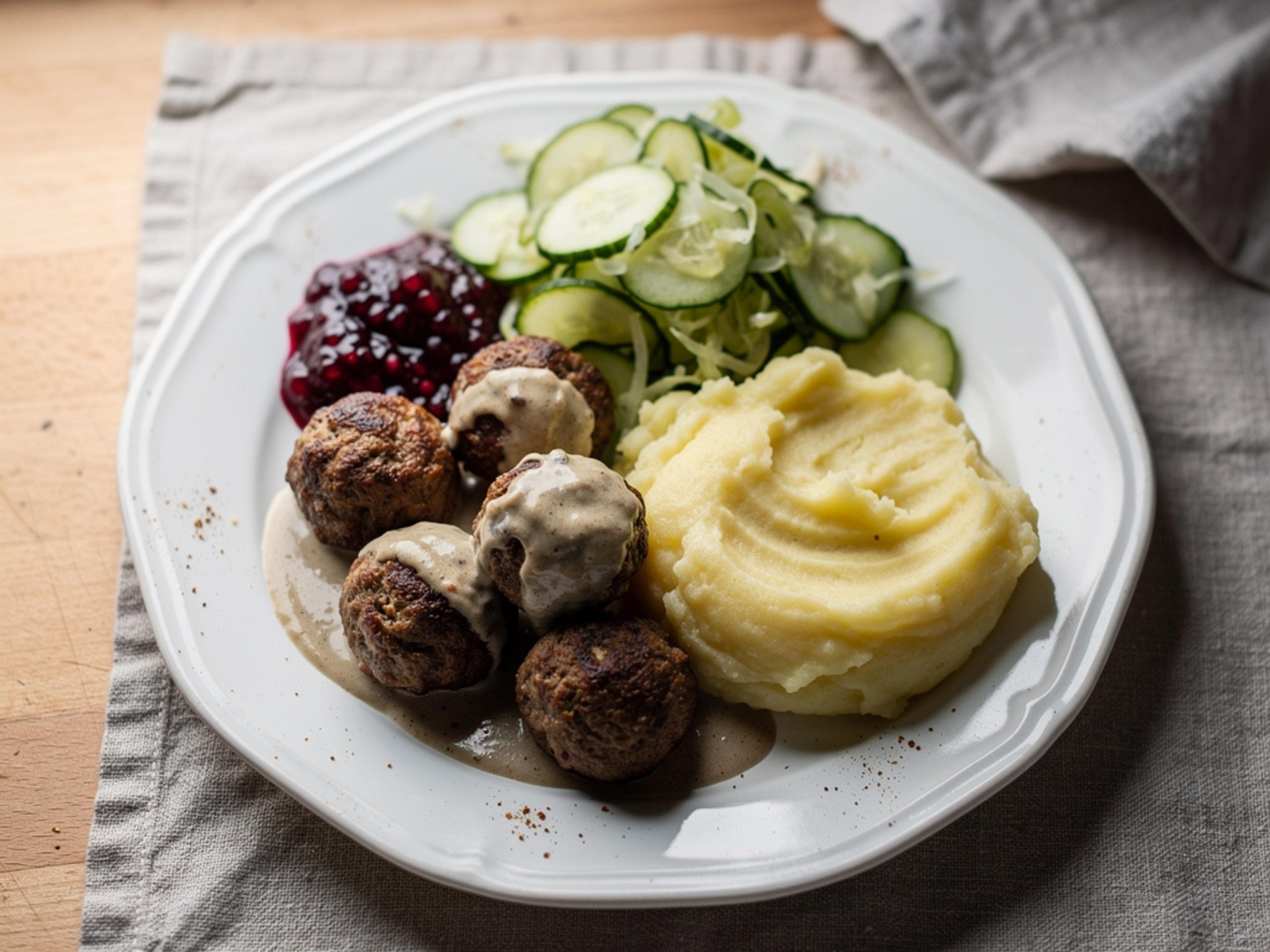 Köttbullar med gräddsås, lingonsylt och pressgurka på en tallrik