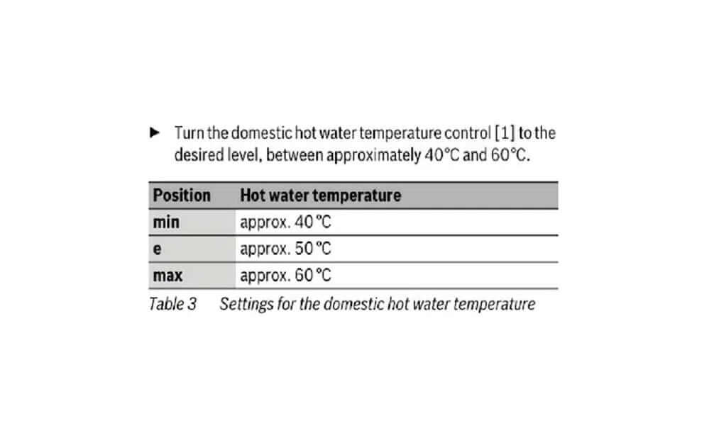 boiler flow temperature adjustment specifications table