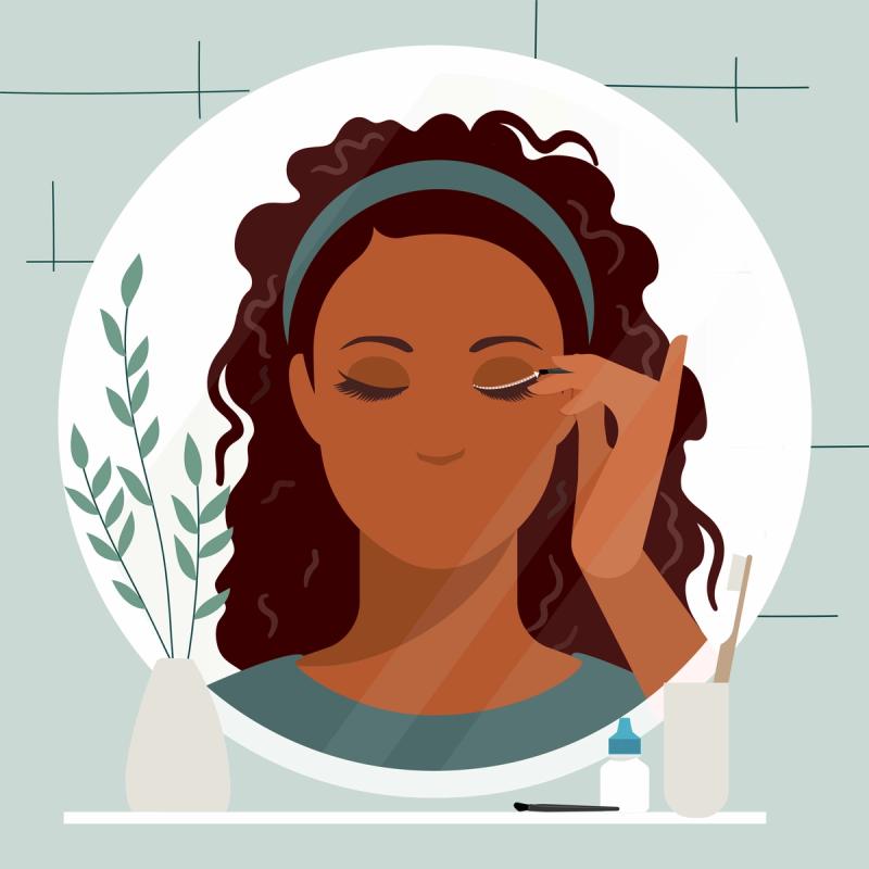 An illustration of a person, close-up, focusing on eyes and eyelashes.