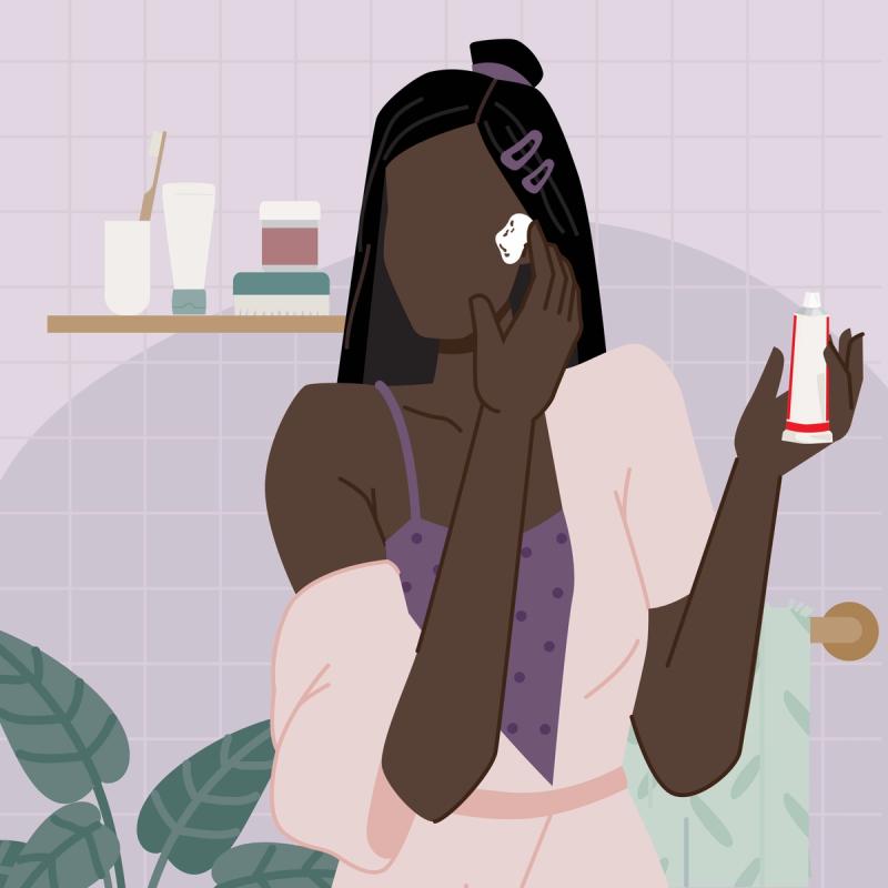 Illustration of Woman Applying Skin Treatment to Face