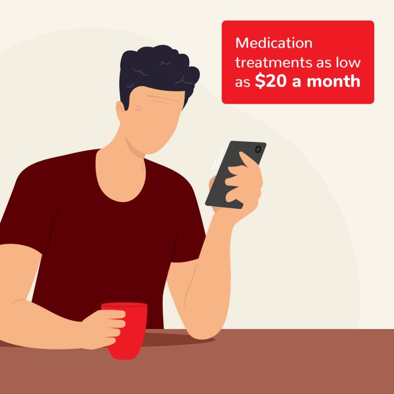 Illustration of Man on Phone. Medication Treatments as Low as $20 a Month.