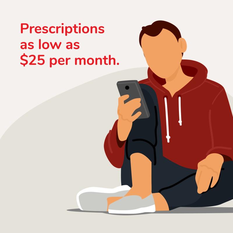 Illustration of someone using RedBox Rx on their phone. Prescriptions as low as $25 per month.
