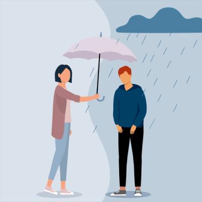 Illustration of A Rainy Scene with A Woman Holding an Umbrella for A Man.