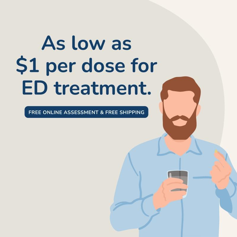 Illustration of Man Taking ED Medication. As Low As $1 Per Dose.