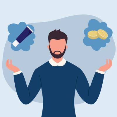 Illustration of a man deciding between Eroxon gel and ED pills.
