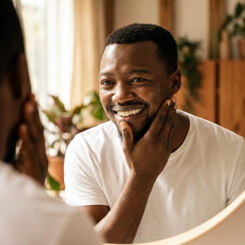 A Smiling Man Touching His Beard
