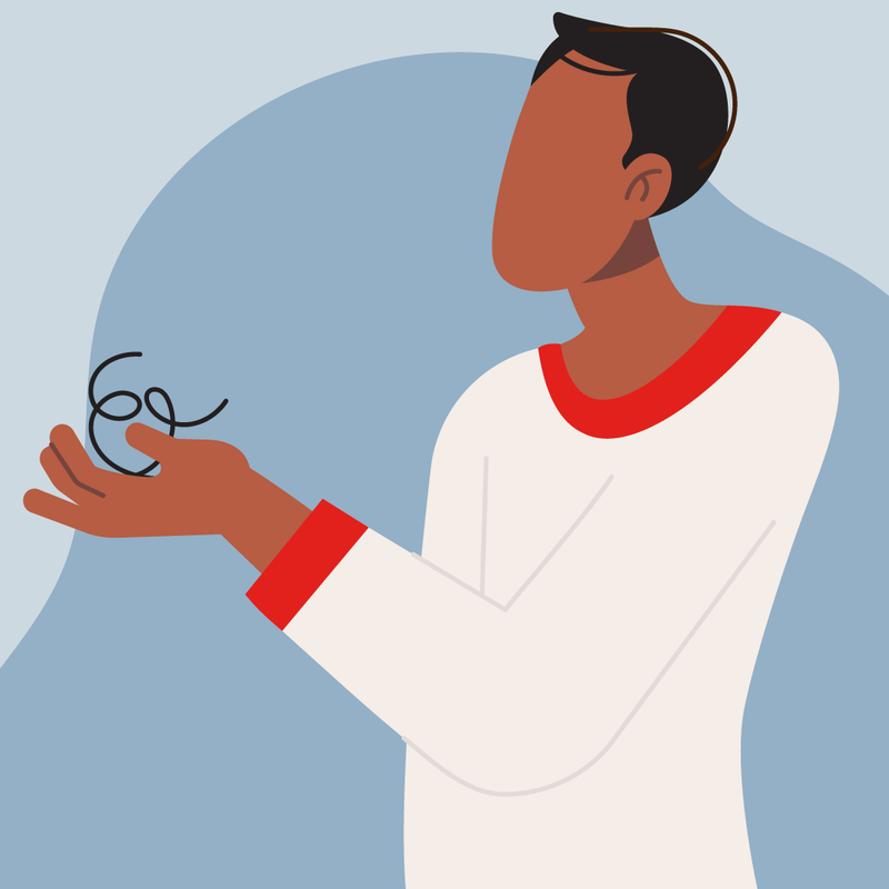 An illustration of a man holding strands of hair.