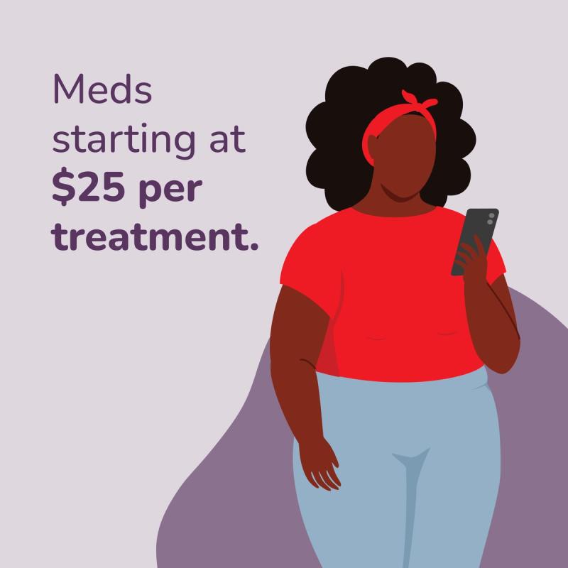 Illustration of woman looking at RedBox Rx on her phone. "Meds starting at $25 per treatment"