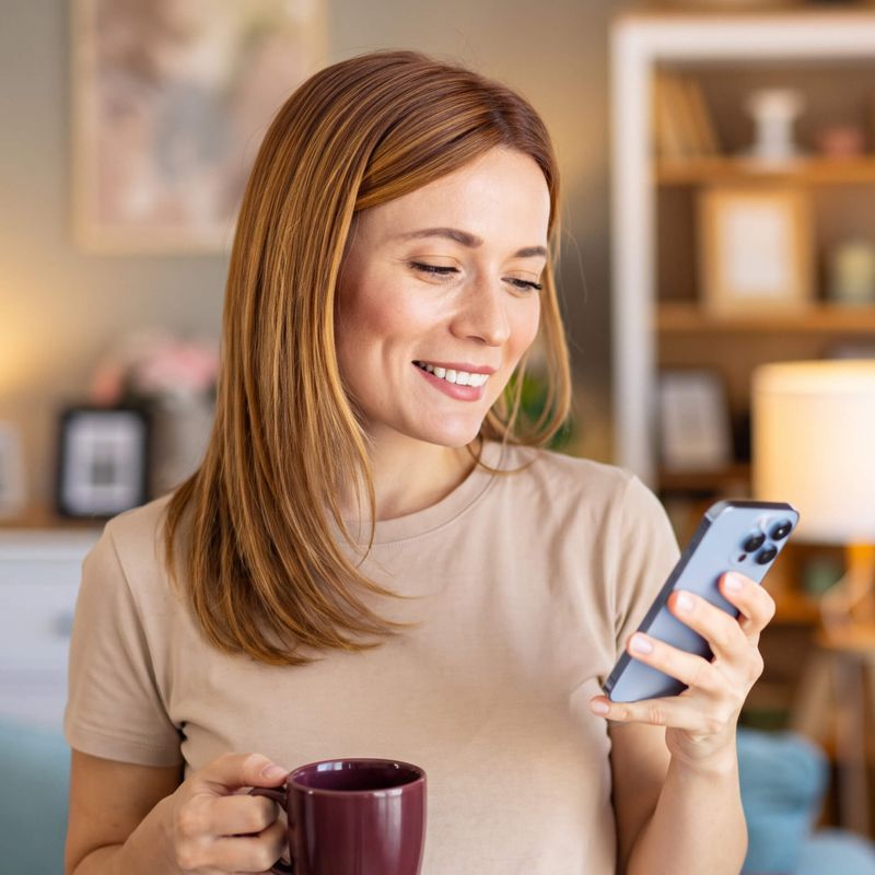 Woman holding coffee mug in one hand and smiling at phone in other hand