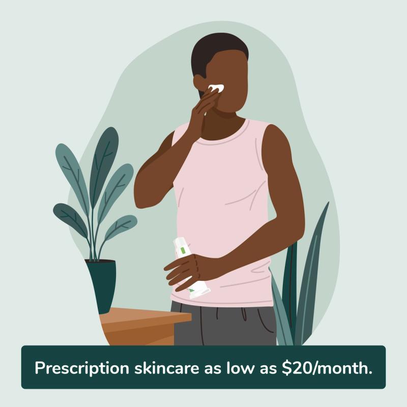Illustration of man using RedBox Rx prescription skincare. Medications as low as $20/Month.