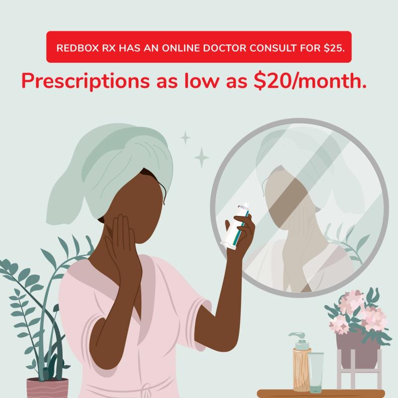 Illustration of woman looking in a mirror using tretinoin. RedBox Rx has an online doctor consult for $25. Skin Prescriptions as low as $20/month.