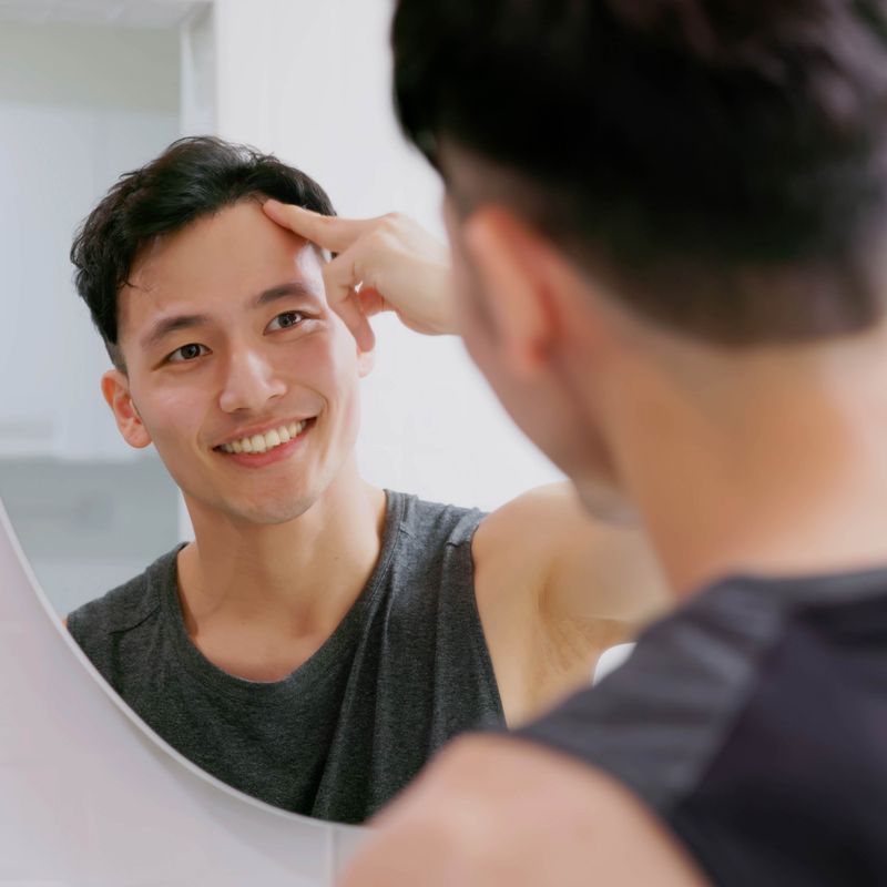 Man Looking at Hair in Mirror Smiling