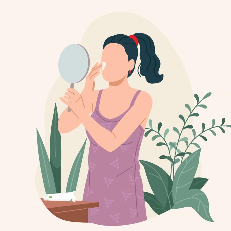 Illustration of woman holding mirror up to her facing while applying cream to her face