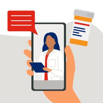 Illustration of Hand Holding Phone During RedBox Rx Telehealth Consult