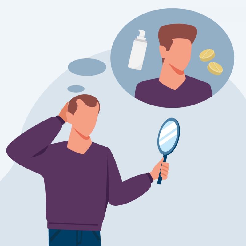 man looking in a hand mirror dreaming of having thicker hair