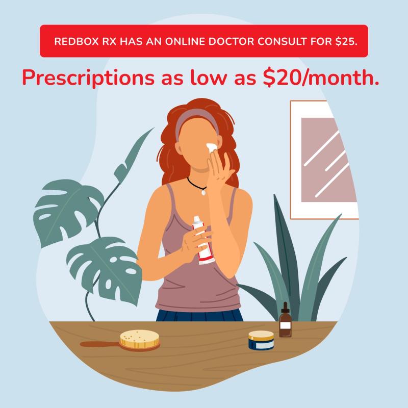 Illustration of woman using skincare from RedBox Rx. $25 Online Consultations. Medications as Low as $20/Month.