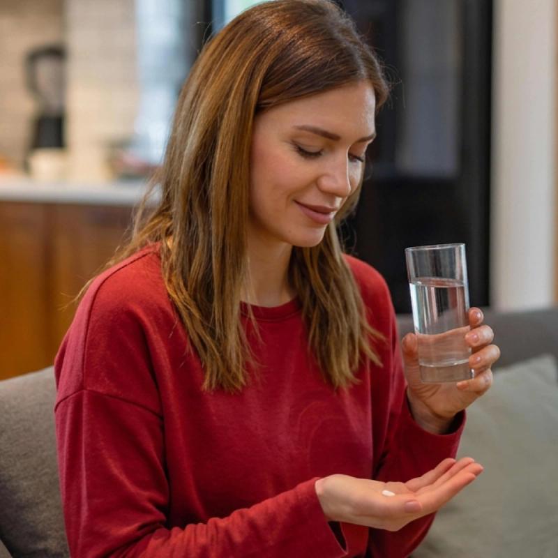 Woman Looking at Pill in Hand, Holding a Glass of Water