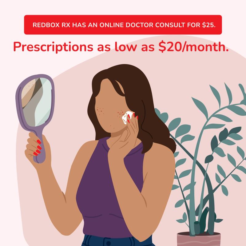 Illustration of woman using skincare from RedBox Rx. $25 Online Consultations. Medications as Low as $20/Month.