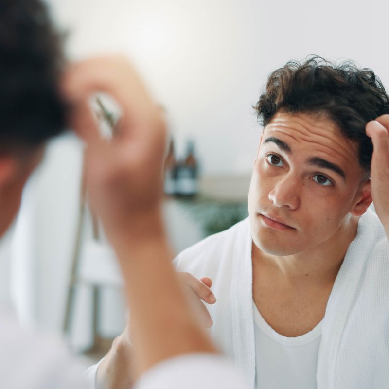 Man Looking at Hair in Mirror Touching Head