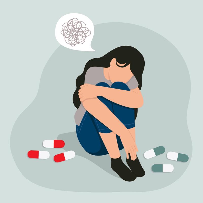 Illustration of a depressed woman deciding between Auvelity and Bupropion
