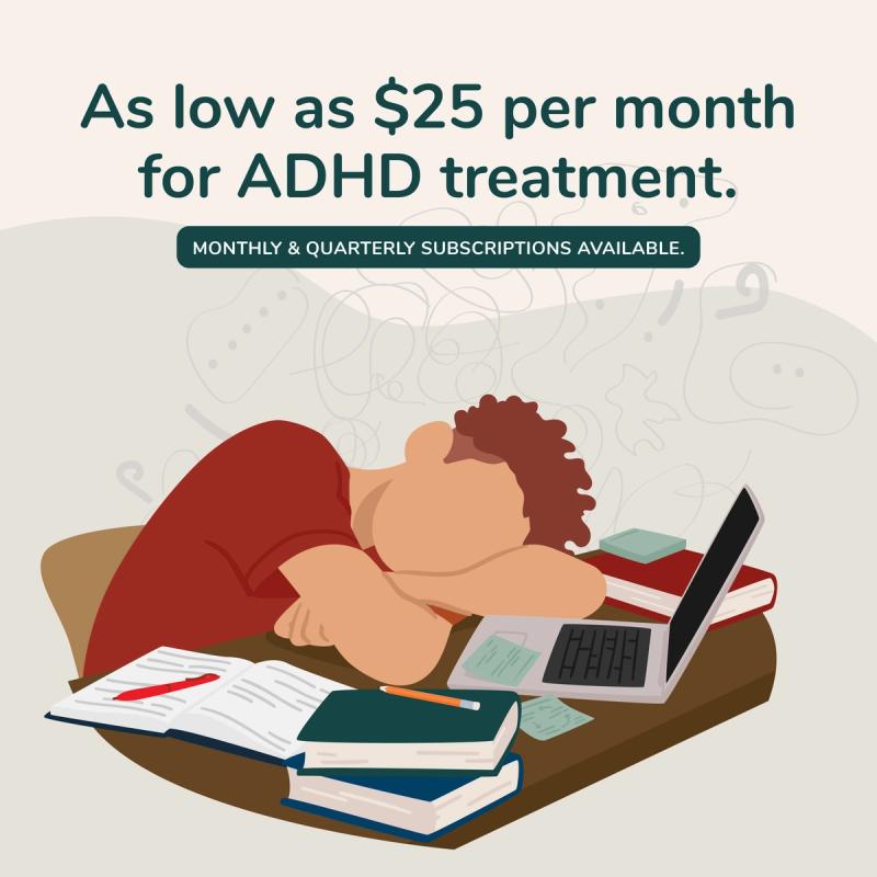 Illustration of Man Experiencing Adult ADHD. As Low As $25 Per Month for ADHD Treatment. Monthly and Quarterly Subscriptions Available.