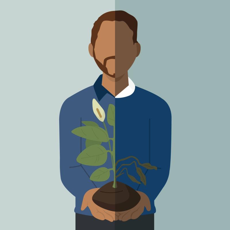 Illustration of Man holding a plant that is flowering on one side and wilting on the other