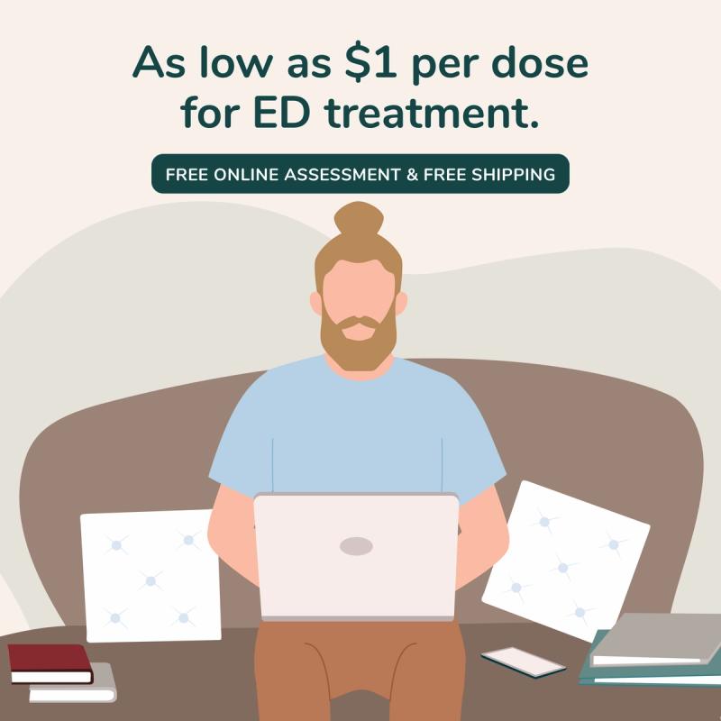 Illustration of man sitting on couch completing an online ED assessment.