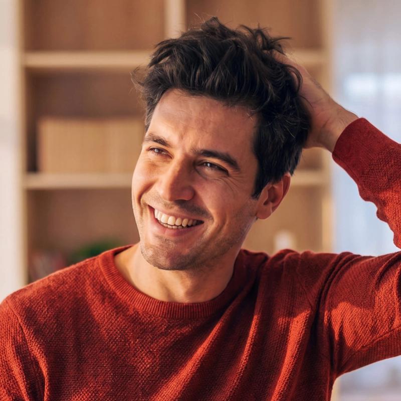 Man wearing red shirt, smiling and running hand through his hair.