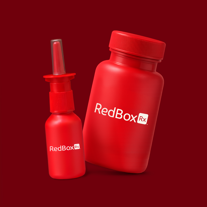 Allergy Med Bottle and Nasal Spray on Red Box