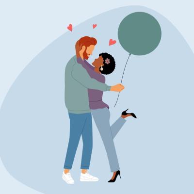 Illustration of a man and woman hugging.