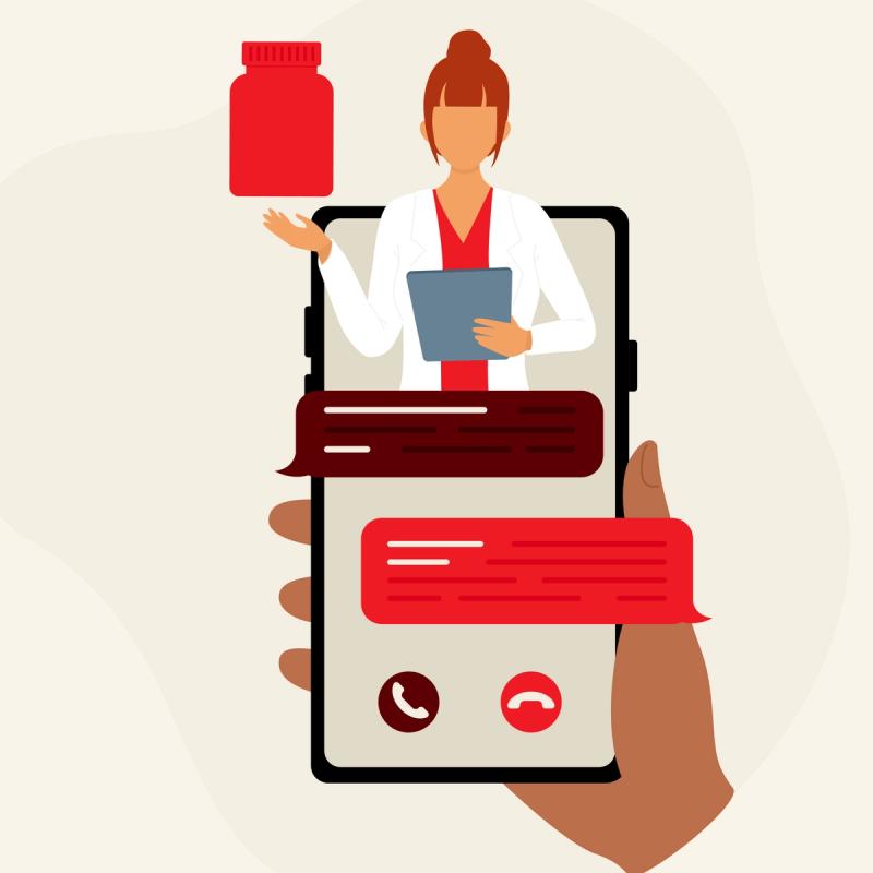 Illustration of a pharmacist in a white coat appearing on a smartphone screen, holding a tablet, with a red pill bottle floating beside them and chat bubbles below.