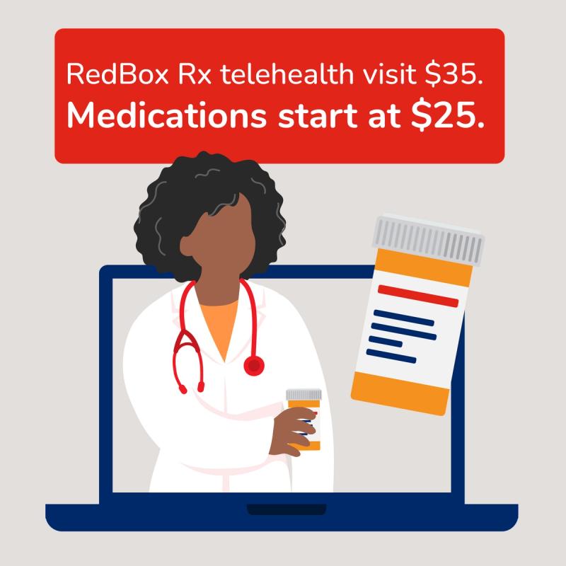 Illustration of RedBox Rx Medical Provider on Computer. Telehealth Consults for $25. Medications Starting at $25.