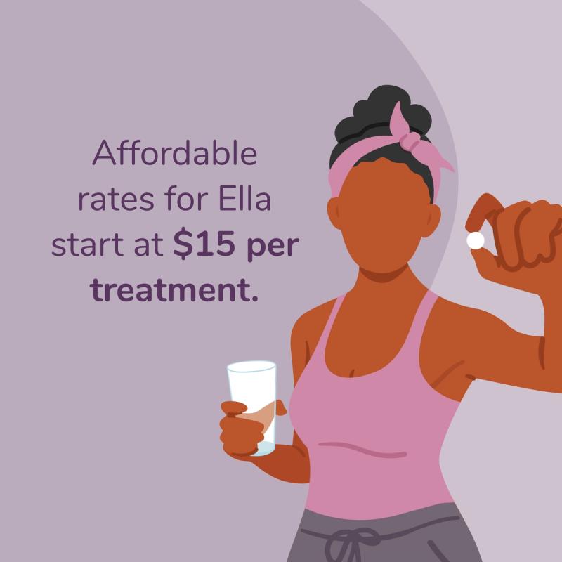 Illustration of Woman taking emergency contraception or a morning-after pill. Redbox Rx offers affordable rates for Ella starting at $15 per treatment.