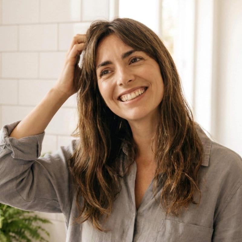 Image of woman with hand in her hair on top of her head.