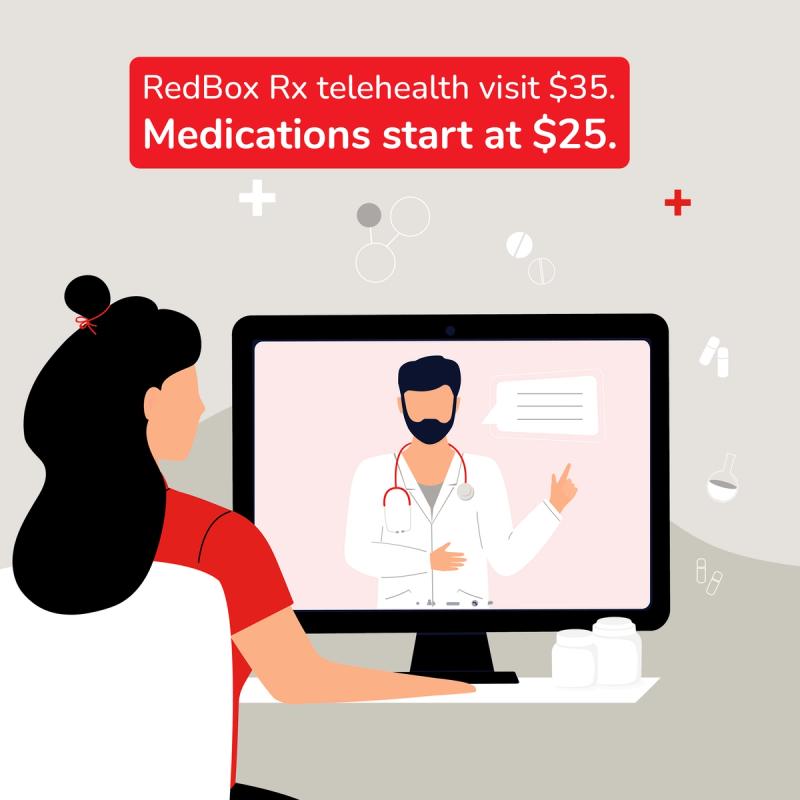 Woman at Computer on a RedBox Rx Telehealth Consult. Visit for $35, Meds for $25.