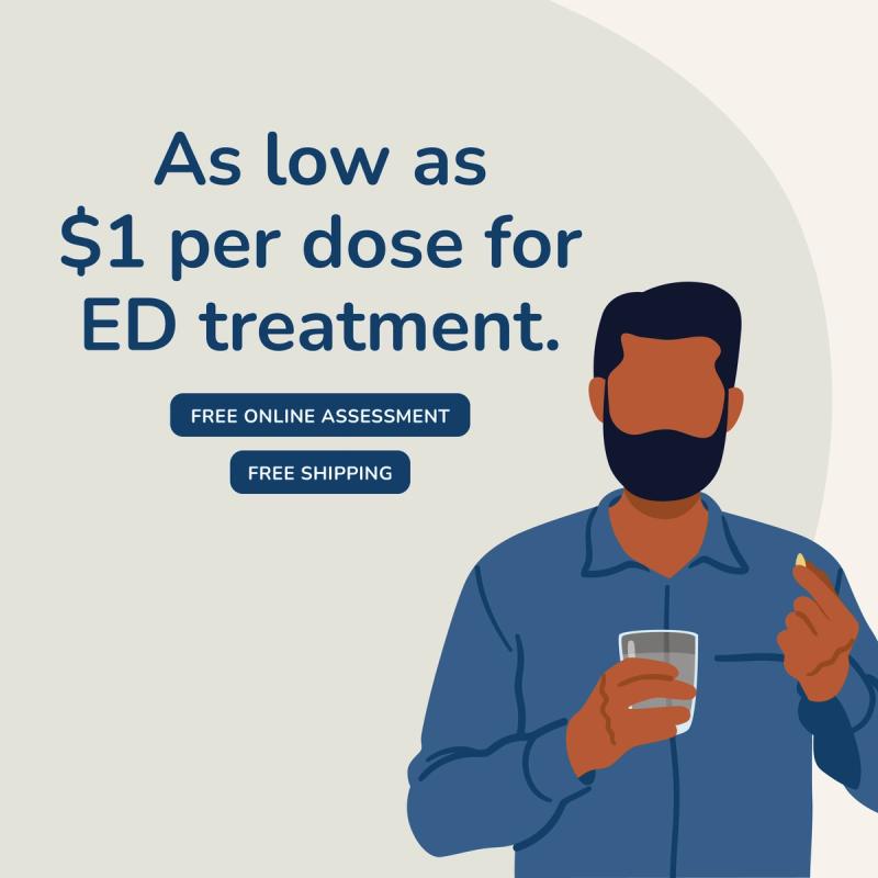 Illustration of a man taking ED medication from RedBox Rx. As low as $1 per dose. Free online assessment and free shipping.