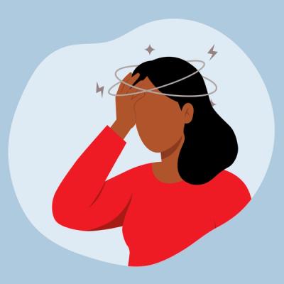 Illustration of woman experiencing nausea and holding her head