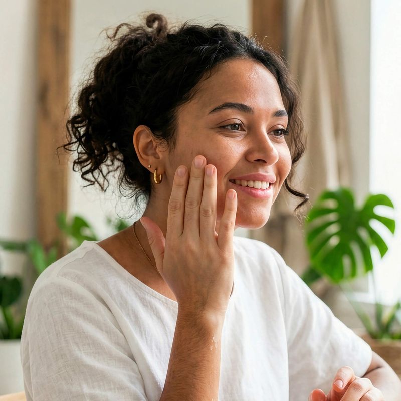 Woman smiling and touching face