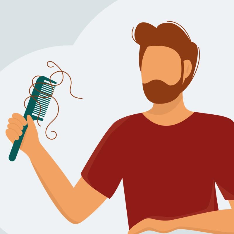 An illustration of an individual holding a comb filled with strands of hair.