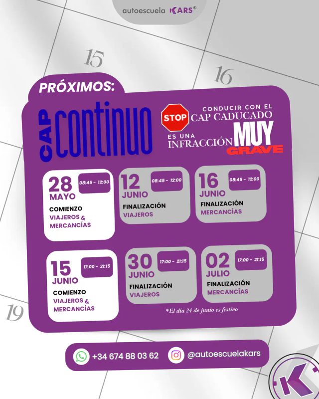 Cartel de Autoescuela KARS con próximas fechas de CAP continuo.