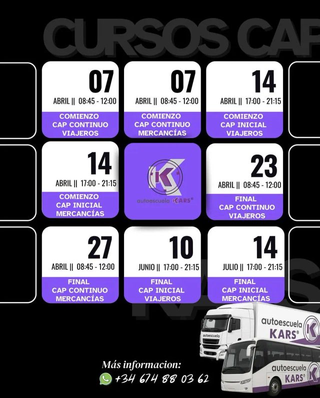 Cartel de Autoescuela KARS con calendario de cursos CAP.