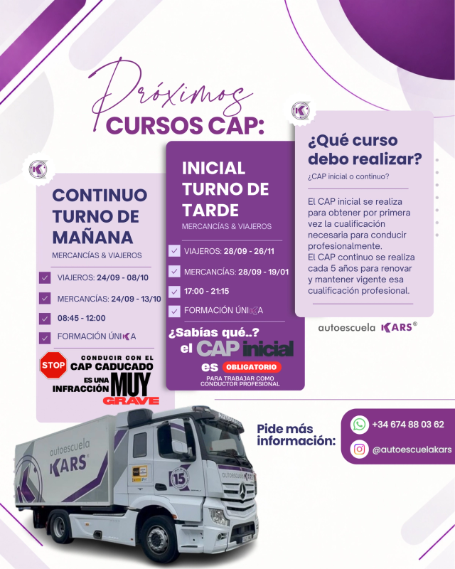  En Autoescuela KARS abrimos nuevas convocatorias de CAP Inicial y CAP Continuo para Mercancías y Viajeros.  