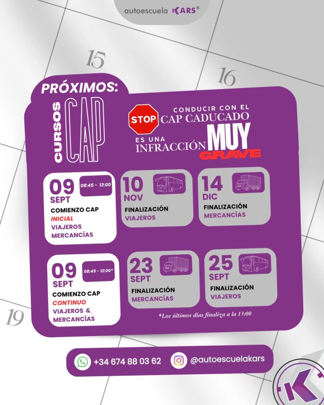 Cartel de Autoescuela KARS con próximas fechas de CAP continuo.
