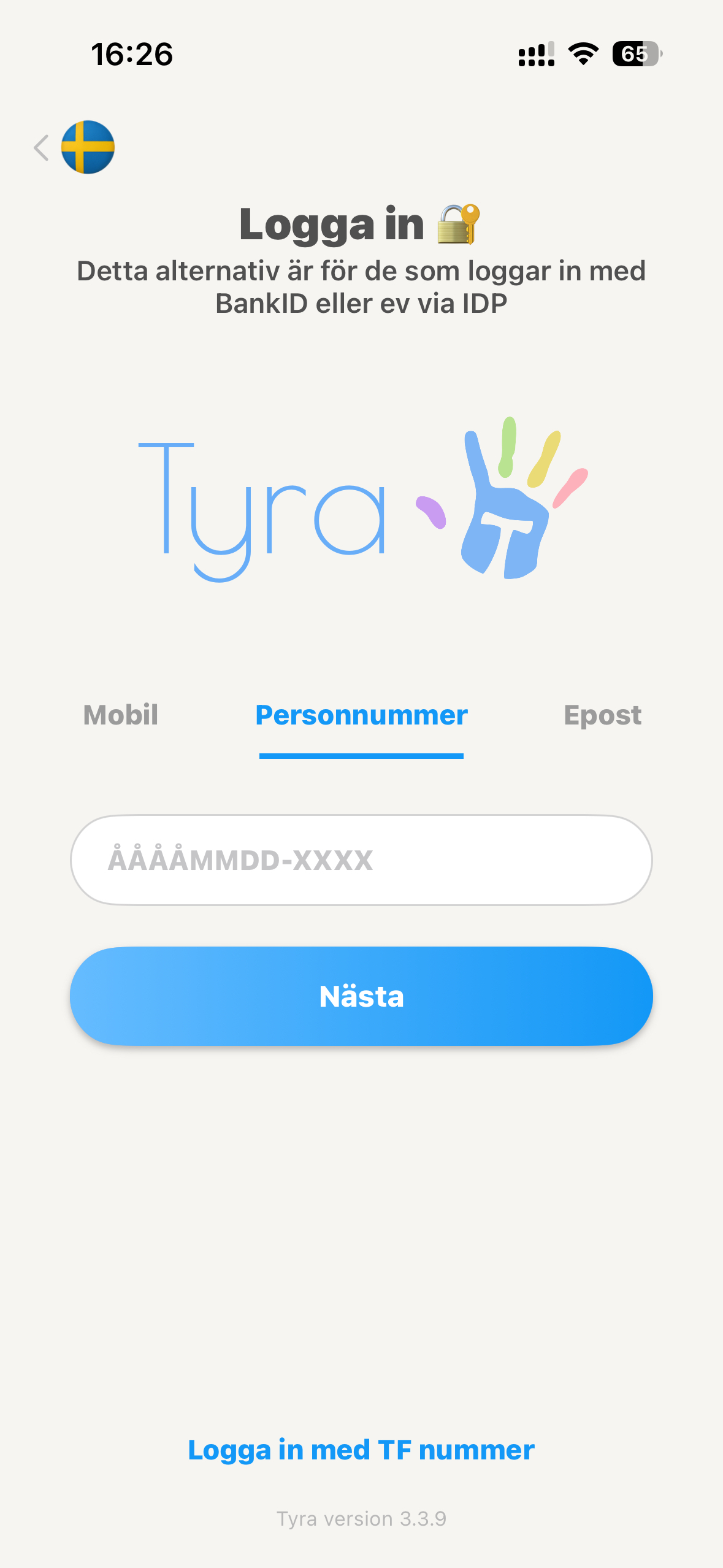 Inloggningssida för Tyra