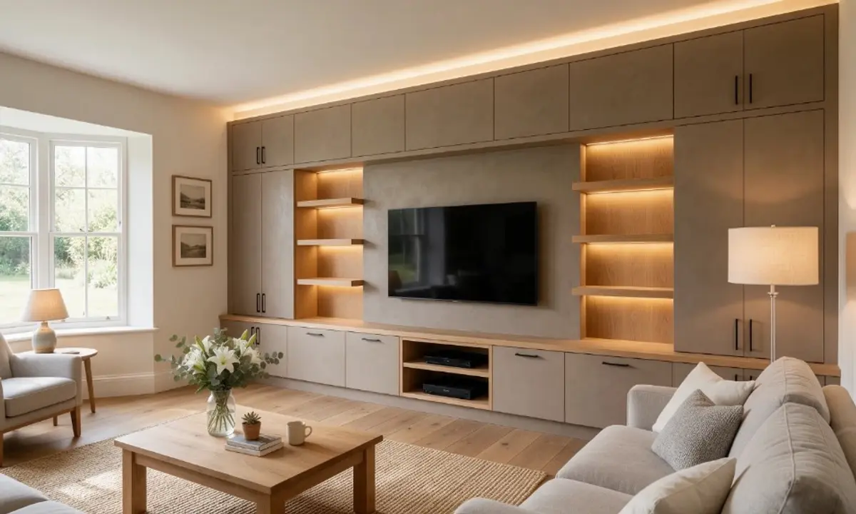 Bespoke taupe media wall with oak shelving, fitted cupboards and warm integrated lighting.